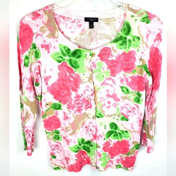 Talbot's Pink Floral 3/4 Length Sleeve  Button Down Sweater Sz Petite - Picture 1 of 9